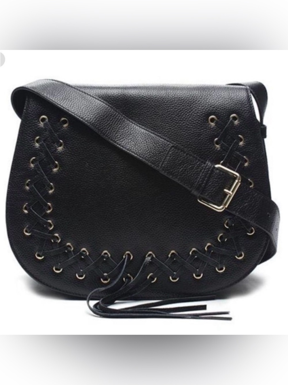 Violetta Pebbled Leather Corset Lace Up Crossbody Saddle Bag Black neutral